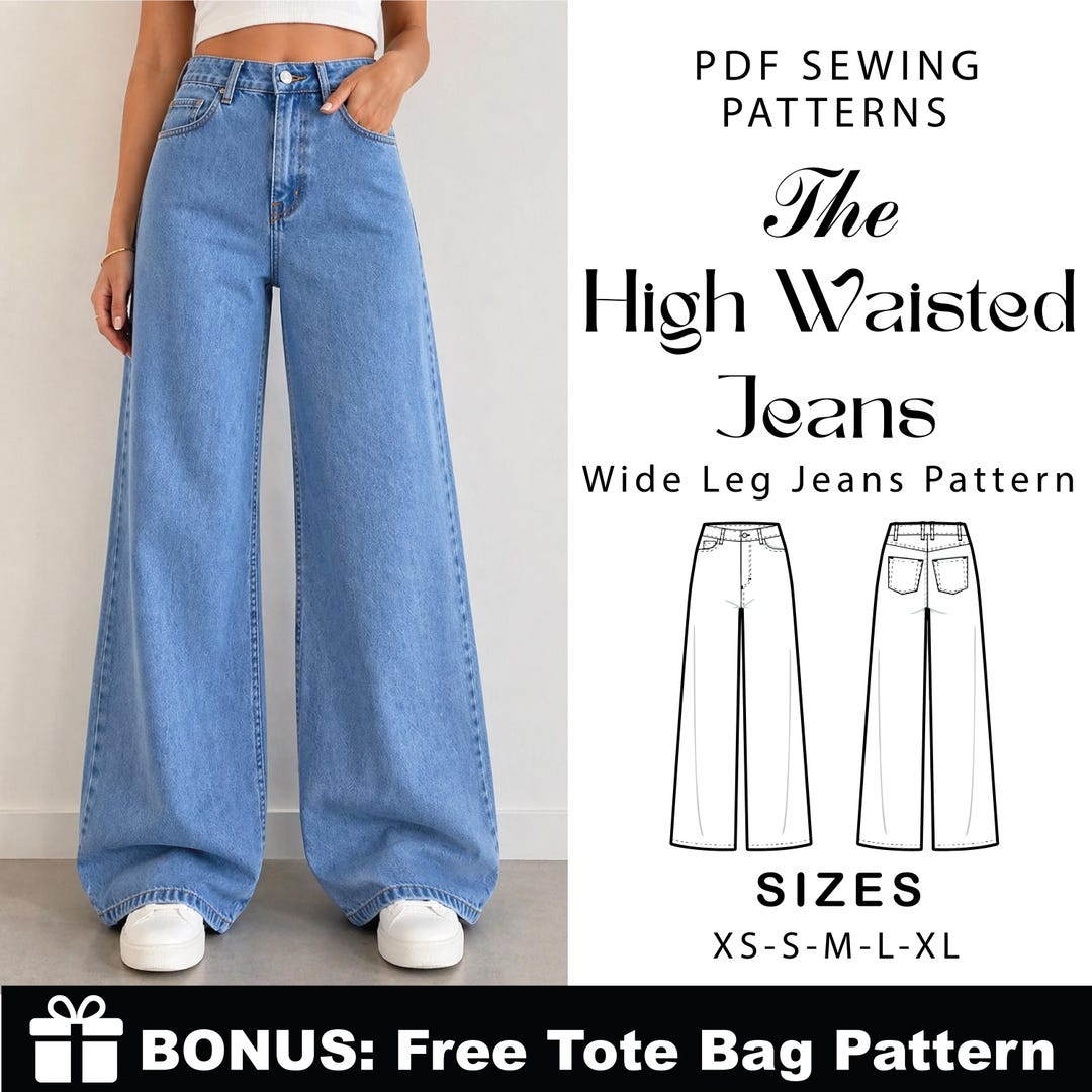 Wide Leg Jeans Sewing Pattern PDF | High Waist Women's Denim Pants XS ...