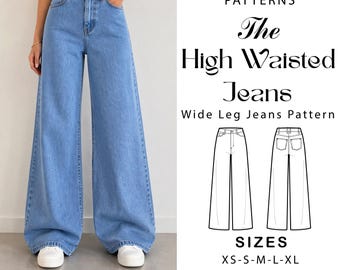 Patrón de costura en PDF para pantalones vaqueros de pierna ancha / Pantalones vaqueros de talle alto para mujer, tallas XS-XL