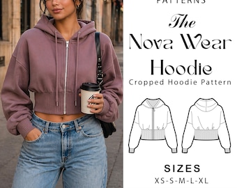 Patrón de costura en PDF para sudadera corta con capucha, sudadera de mujer con hombros caídos (tallas XS-XL)