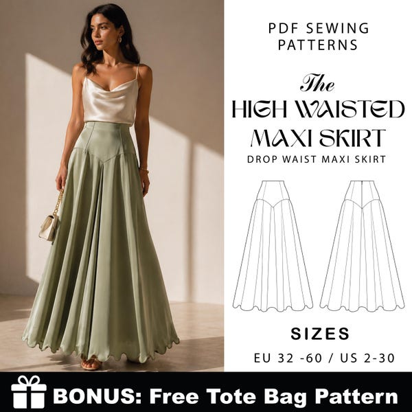 Elegant Maxi Skirt Sewing Pattern, High Waist Panel Skirt (PDF Download)