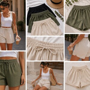 May include: Collection of casual shorts in various colors, including black, olive green, and beige. The shorts feature an elastic waistband with a drawstring. The image showcases different styles and outfits, suitable for warm weather.