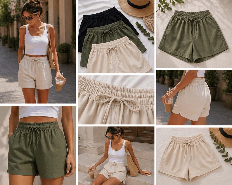 May include: Collection of casual shorts in various colors, including black, olive green, and beige. The shorts feature an elastic waistband with a drawstring. The image showcases different styles and outfits, suitable for warm weather.