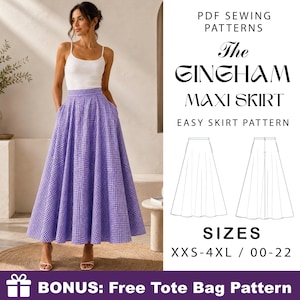 May include: A PDF sewing pattern for a purple and white gingham maxi skirt. The text reads: PDF SEWING PATTERNS, The GINGHAM MAXI SKIRT, EASY SKIRT PATTERN, SIZES XXS-4XL / 00-22, BONUS: Free Tote Bag Pattern. Includes line art illustrations.
