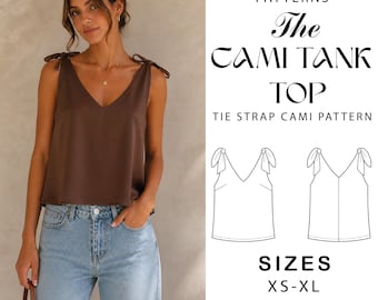 Patrón de costura para top de tirantes con tirantes anudados, cuello en V, ideal para verano (PDF, apto para principiantes, descarga instantánea).