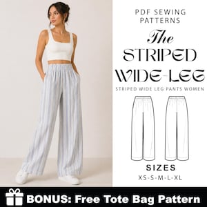 Puede incluir: Una mujer con pantalones de pierna ancha a rayas azules y blancas y un top corto blanco. La imagen incluye un patrón de costura para pantalones de pierna ancha a rayas, con el texto "The Striped Wide-Leg" y "Bonus: Free Tote Bag Pattern."