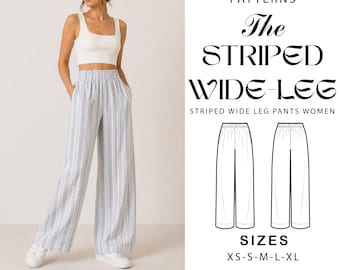 Patrón de costura para pantalones anchos a rayas, pantalones de talle alto (descarga en PDF)