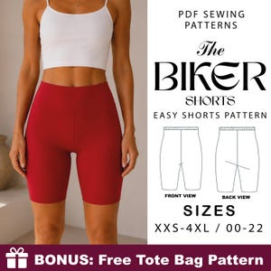 May include: A PDF sewing pattern for biker shorts featuring text that reads The Biker Shorts Easy Shorts Pattern. The image displays a white tank top and red shorts, with a technical line drawing showing front and back views, plus sizes XXS-4XL.