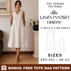 May include: A PDF sewing pattern for a sleeveless, off-white linen A-line dress with a V-neck and side pockets. The text reads: PDF SEWING PATTERNS, The LINEN POCKET DRESS, V NECK A LINE DRESS, SIZES XXS-4XL / 00-22, BONUS: FREE TOTE BAG PATTERN.