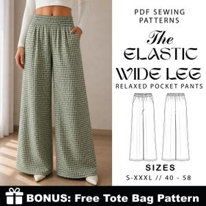 May include: Green and white checkered wide-leg pants with an elastic waistband. The image includes a diagram of the pants and text that reads "The Elastic Wide Leg Relaxed Pocket Pants." Sizes range from S-XXXL and 40-58.