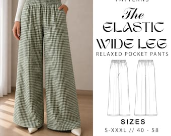 Patrón de costura en PDF para pantalones de pierna ancha / Pantalones palazzo con cintura elástica / Tallas europeas 40–58