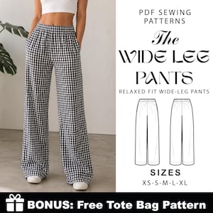 Puede incluir: Pantalones anchos a cuadros blancos y negros. Los pantalones se muestran en una persona y se combinan con un top corto blanco. La imagen también incluye el texto "The WIDE LEG PANTS" y "PDF SEWING PATTERNS".