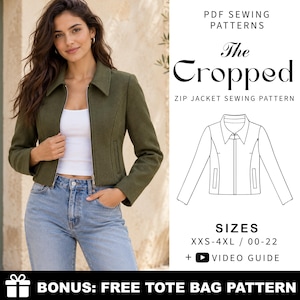 May include: A PDF sewing pattern for a cropped zip jacket, featuring a technical line drawing of the garment with a collar and pockets. Text includes "PDF SEWING PATTERNS", "The Cropped", "ZIP JACKET SEWING PATTERN", "SIZES XXS-4XL / 00-22", and "BONUS: FREE TOTE BAG PATTERN".