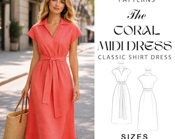 Patrón de costura para vestido camisero midi color coral / Cintura clásica con cinturón (Descarga digital)