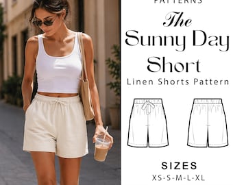 Patrón de costura para shorts de lino con cordón ajustable para mujer / Shorts de verano con cintura elástica XS-XL / Fácil para principiantes