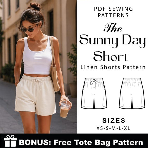 Linen Drawstring Shorts Sewing Pattern Women | Elastic Waist Summer Shorts XS-XL | Easy Beginner