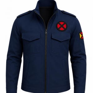 Könnte beinhalten: Eine marineblaue Reißverschlussjacke mit Stehkragen, zwei Brusttaschen mit Klappen und Schulterklappen. Ein kreisförmiges rotes und schwarzes X-förmiges Emblem befindet sich auf der linken Brust und ein quadratischer Aufnäher auf dem linken Ärmel.