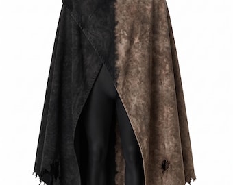 Cape poncho post-apocalyptique - Cape à capuche effet vieilli | Cape délavée à l'acide noire et brune | Déguisement GN