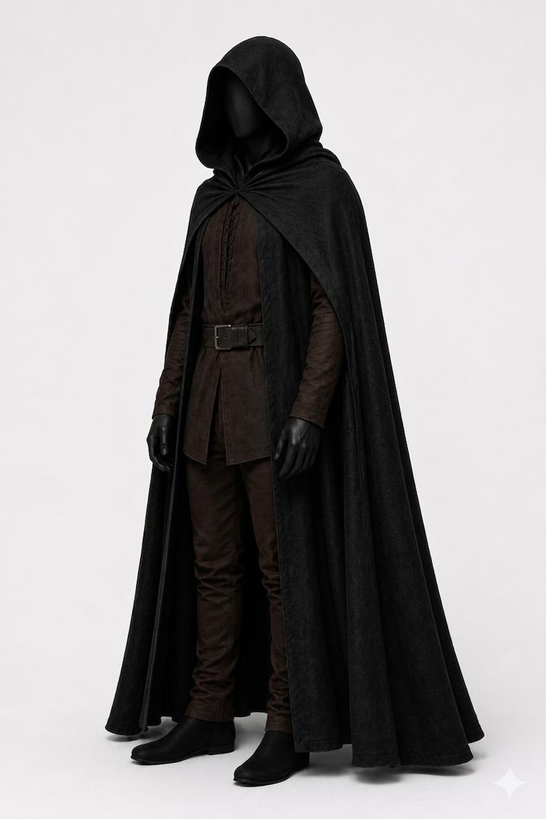 May include: A full-length black hooded cloak worn over a dark brown long-sleeved tunic and matching trousers. The outfit includes a dark brown belt with a rectangular buckle and black gloves, presented on a mannequin against a plain background.
