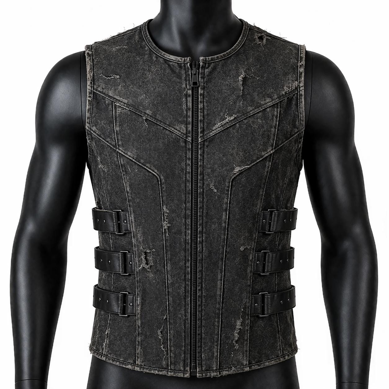 Black Distressed Cotton Canvas Tactical Vest - Cyberpunk Cosplay Armor with Straps