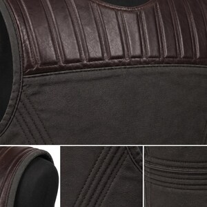 May include: Close-up of a dark green vest with a brown leather shoulder panel. The leather panel has vertical stitched lines. The vest is made of a durable fabric and has a tailored fit. The vest is displayed on a black mannequin.