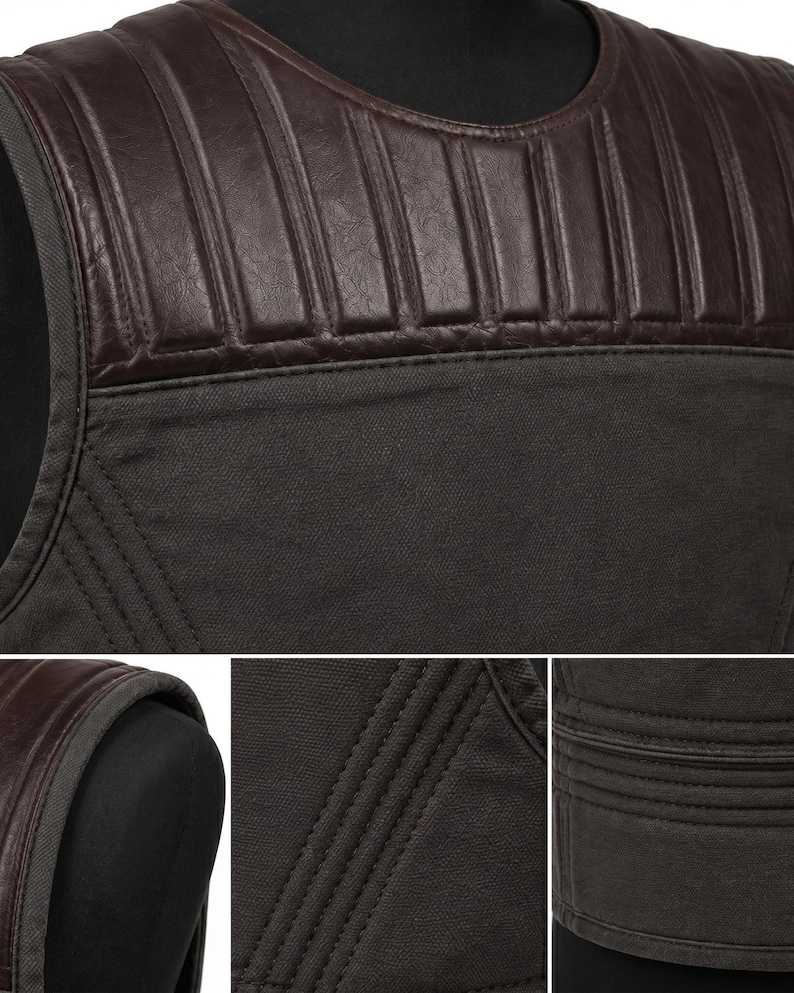 May include: Close-up of a dark green vest with a brown leather shoulder panel. The leather panel has vertical stitched lines. The vest is made of a durable fabric and has a tailored fit. The vest is displayed on a black mannequin.