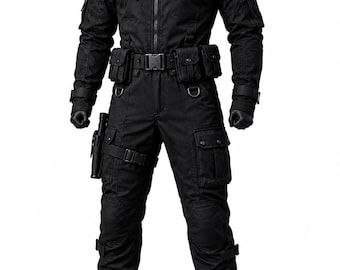 May include: A black tactical jumpsuit featuring a high collar, a full-length front zipper, and multiple utility pockets on the chest, arms, and legs. The garment includes a waist belt with attached pouches, D-rings, and black combat boots.