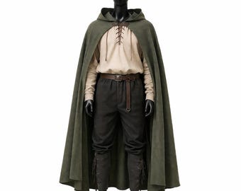Medieval Ranger Outfit – Hooded Cloak, Tunic Set, Cotton Canvas Cosplay Costume