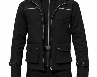 Inspired by Cyberpunk 2077 Futuristic Tactical Jacket – Black Cotton Canvas Streetwear Jacket