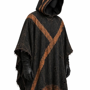 Mandalorian Inspired Bounty Hunter Poncho | Hooded Sci-Fi Cloak | Distressed Cotton Canvas Cape | Star Wars Style Cosplay Outfit image 1