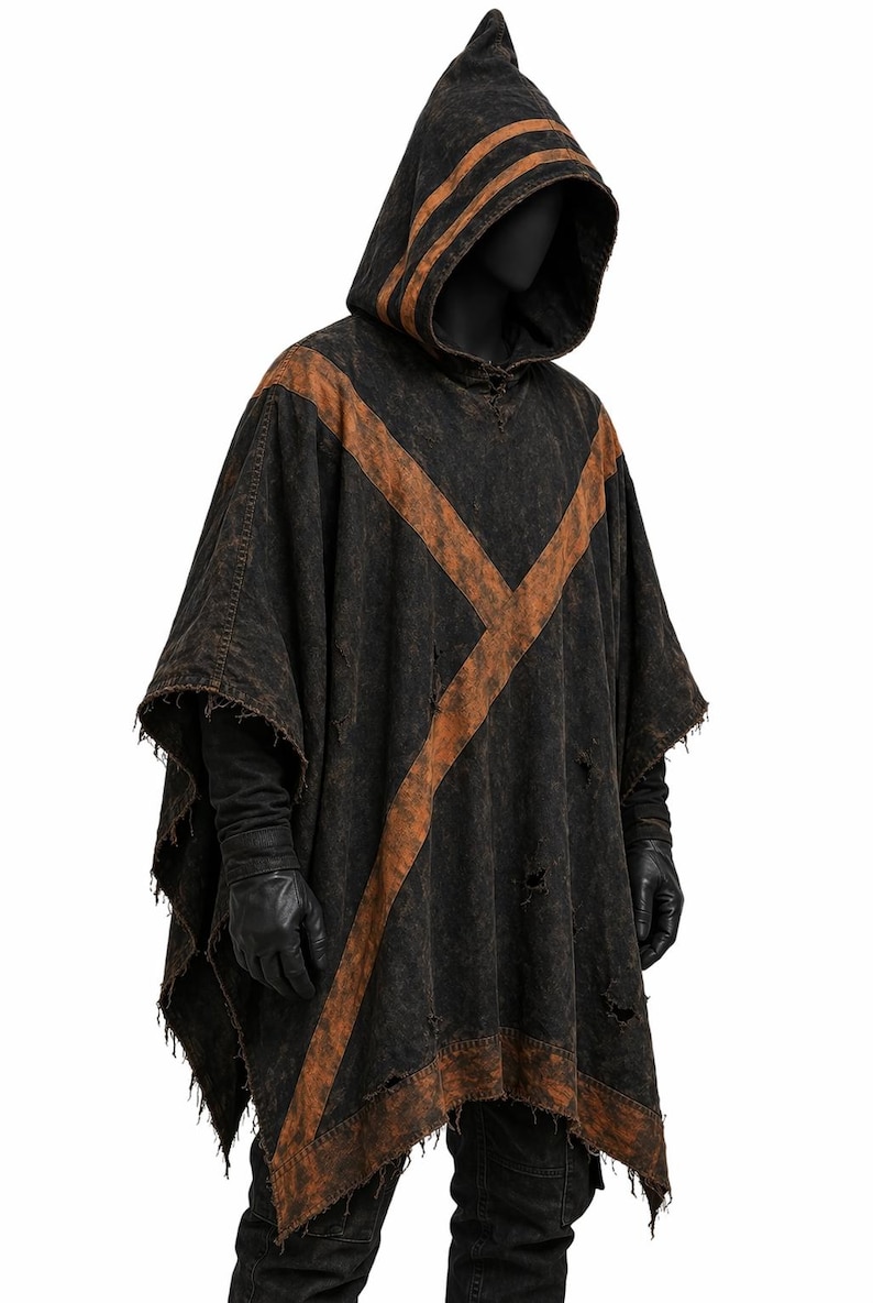Mandalorian Inspired Bounty Hunter Poncho | Hooded Sci-Fi Cloak | Distressed Cotton Canvas Cape | Star Wars Style Cosplay Outfit image 1