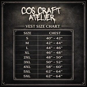 May include: A black and white vest size chart from Cos Craft Atelier. The chart includes sizes S through 5XL, with corresponding chest measurements in inches. The text "VEST SIZE CHART" is displayed prominently.