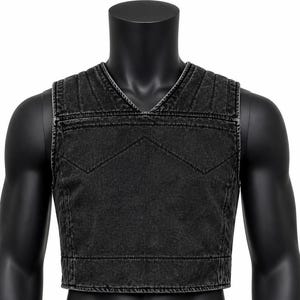 May include: A black denim vest with a V-neck and a cropped hem. The vest features quilted detailing on the shoulders and a geometric design on the chest. The vest is displayed on a black mannequin.