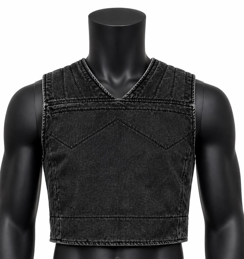 May include: A black denim vest with a V-neck and a cropped hem. The vest features quilted detailing on the shoulders and a geometric design on the chest. The vest is displayed on a black mannequin.