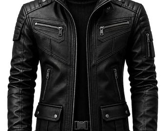 Futurystyczna skórzana kurtka taktyczna inspirowana Cyberpunkiem 2077 | Czarna kurtka motocyklowa Techwear | Odzież uliczna Sci-Fi