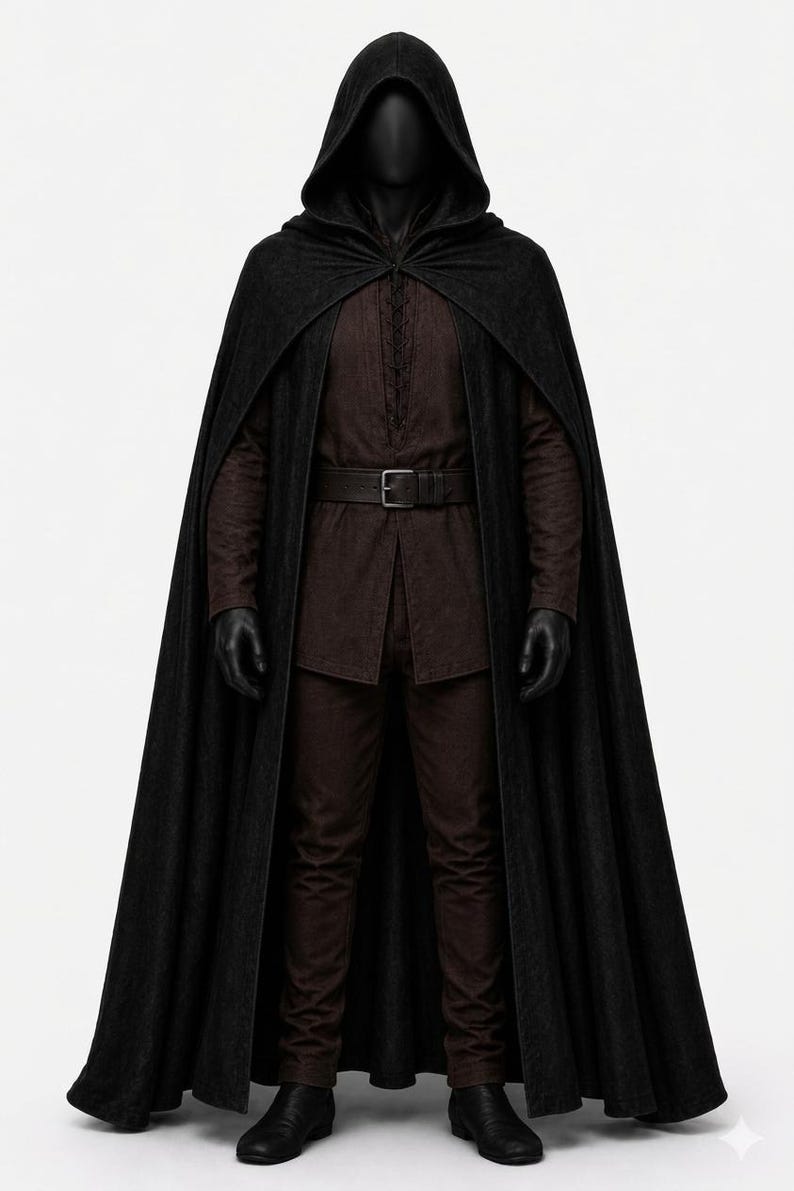 May include: A full-length black hooded cloak worn over a dark brown long-sleeved tunic with a lace-up front, a matching dark brown belt with a rectangular buckle, dark brown trousers, and black boots on a faceless mannequin figure.