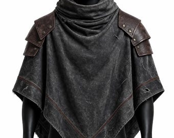 Steampunkowa peleryna naramienna | Postapokaliptyczny płaszcz typu poncho | Skórzana peleryna naramienna | Cosplay średniowiecznego wojownika