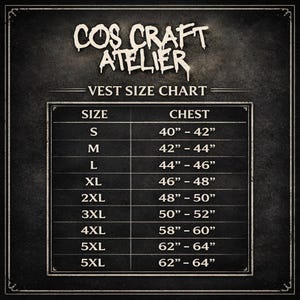 May include: A black and white vest size chart from Cos Craft Atelier. The chart includes sizes S to 5XL, with corresponding chest measurements in inches, ranging from 40"-42" to 62"-64".