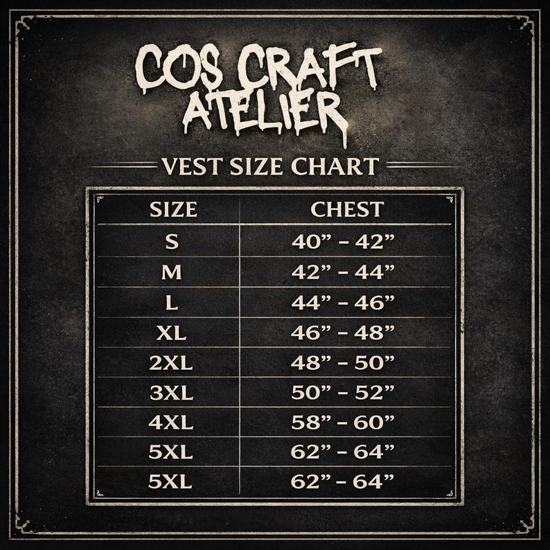 May include: A black and white vest size chart from Cos Craft Atelier. The chart includes sizes S to 5XL, with corresponding chest measurements in inches, ranging from 40"-42" to 62"-64".