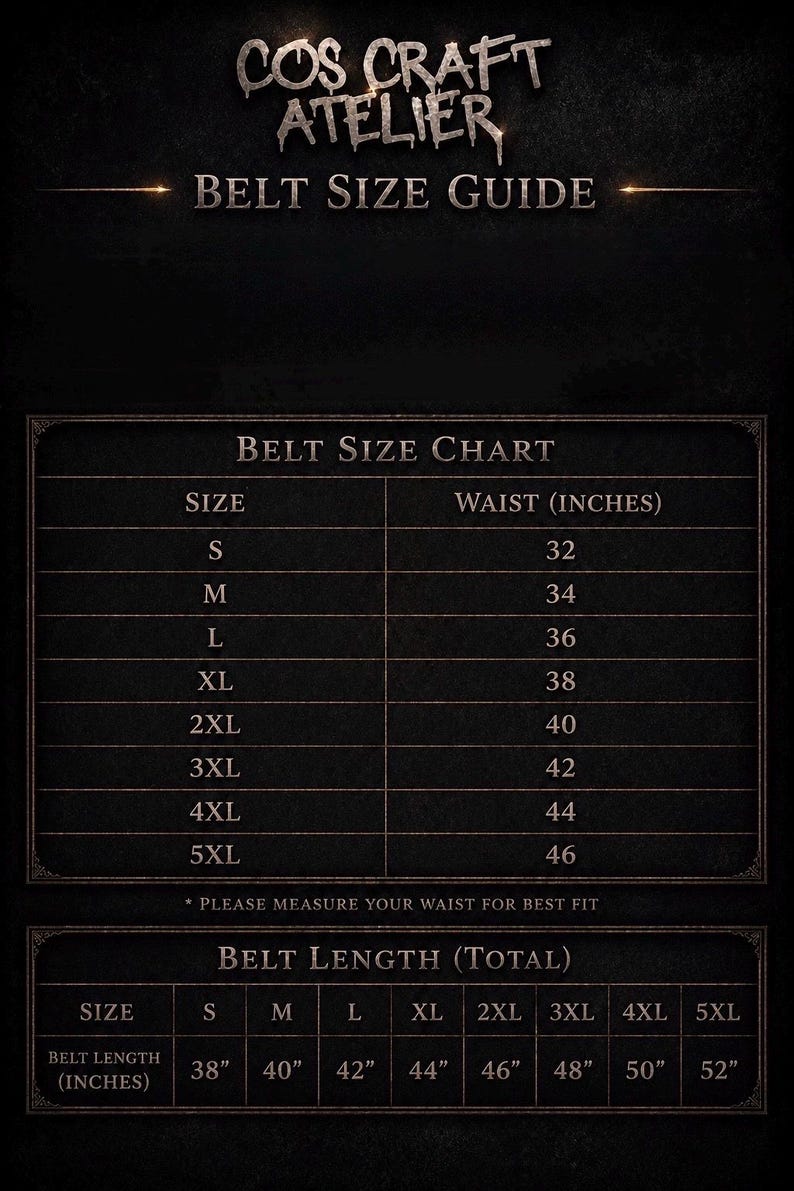 May include: A belt size guide from COS CRAFT ATELIER. The chart shows waist sizes in inches, ranging from 32 to 46 inches, and corresponding belt lengths from 38 to 52 inches. The text reads "Please measure your waist for best fit."