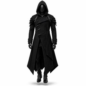 May include: A long, black hooded coat with a unique design. The coat features shoulder accents, multiple buckles, and a flowing, asymmetrical hemline. The mannequin is wearing black gloves and boots. The coat is a stylish piece of outerwear.
