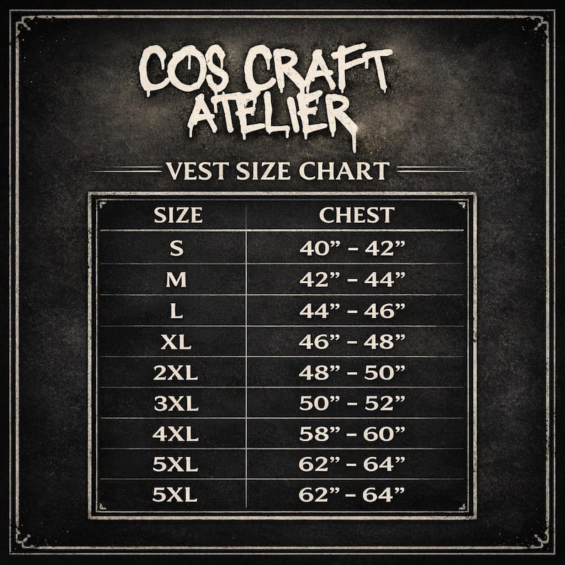 K&ouml;nnte beinhalten: Schwarz-wei&szlig;e Westengr&ouml;&szlig;entabelle von Cos Craft Atelier. Die Tabelle enth&auml;lt die Gr&ouml;&szlig;en S bis 5XL mit entsprechenden Brustma&szlig;en in cm, von 101.6cm-106.7cm bis 157.5cm-162.6cm.