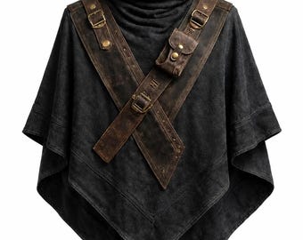 May include: A dark charcoal gray hooded poncho featuring a crisscross harness made of brown leather-like material. The harness includes brass-toned metal buckles, rivets, and a small attached pouch on the left side, all layered over the fabric.