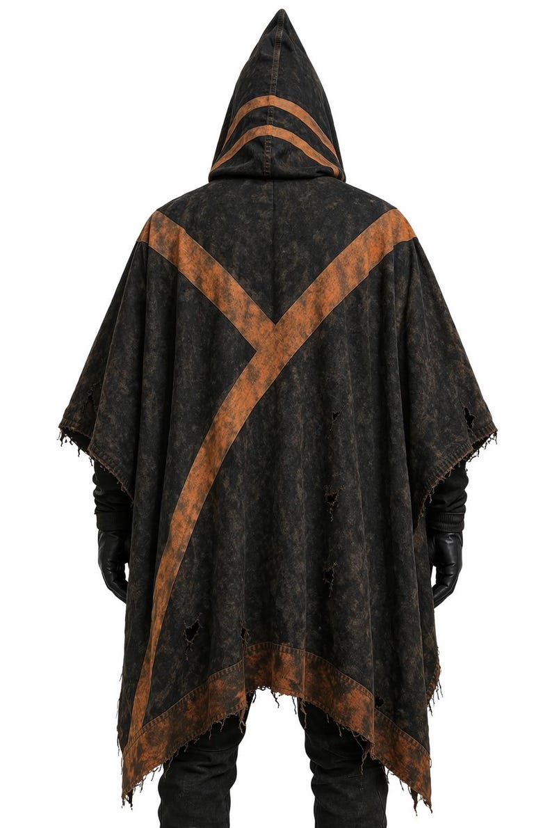 May include: Black hooded poncho with distressed details and a rust-colored cross design. The poncho features a pointed hood and tattered edges, offering a unique, edgy aesthetic. This garment is suitable for cosplay or alternative fashion.