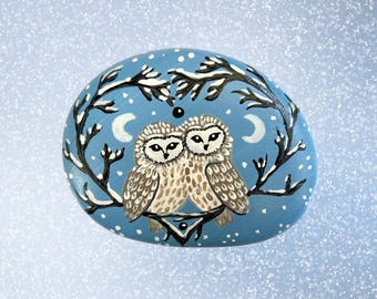 Hand Painted Two Owls Rock – Snowy Owls Night Scene Stone – Glossy Sealed Garden Decor