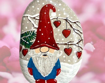 Hand Painted Gnome Hearts Rock – Whimsical Garden Stone Decor (2.5" x 3.5")
