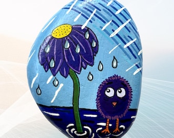 Hand Painted Purple Rain Rock – Bird in Rain Flower Stone – Glossy Sealed Garden Decor