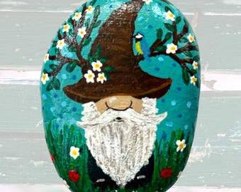 Hand Painted Gnome Tree Hat Rock – Glossy Sealed Garden Decor