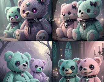 Gothic Teddy Bears Print Bundle: Pink, Green Plush Art (Digital Download)