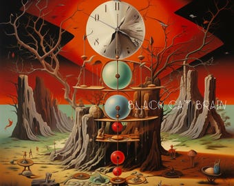 Clock Landscape Printable Wall Art, Time Concept Art, Dreamlike Desert Illustration, Philosophical Surreal Poster