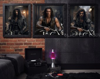 Dark Biker Men Wall Art Set, Tattooed Motorcycle Portraits, Gothic Masculine Decor (Digital Download)